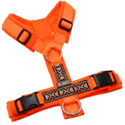 BUMER BOHO Hundegeschirr, gepolstert ohne geteilten Bruststeg, Größe XS, Gurtband PREMIUM Electric Pumpkin, Softshell Neonorange, Ringe silberfarbig (Edelstahl), Schnallen DURAFLEX®