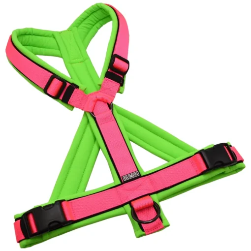 BUMER Hundegeschirr, gepolstert mit geteiltem Bruststeg, Größe L, Gurtband PREMIUM Vibrant Magenta, Softshell Neongrün, Ringe schwarz (Edelstahl), Paspel Regenbogen (komplett)