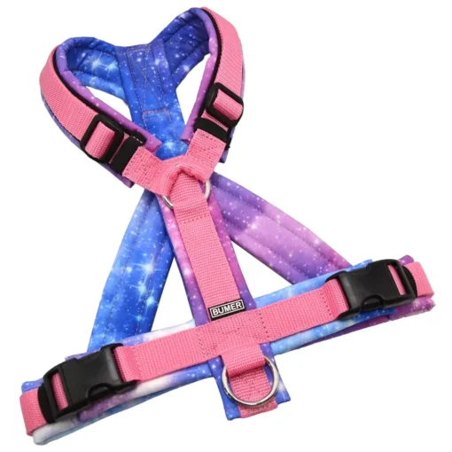 BUMER Hundegeschirr, gepolstert mit geteiltem Bruststeg, Größe M, Gurtband Dunkel Pink, Softshell GALAXY, Ringe silberfarbig (Edelstahl), Schnallen schwarz (DURAFLEX®)