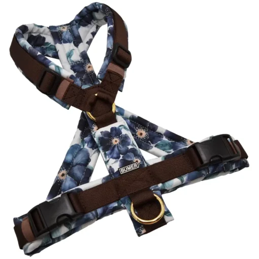 BUMER Hundegeschirr, gepolstert mit geteiltem Bruststeg, Größe M, Gurtband PREMIUM Cocoa Bean, Softshell Black Dahlia, Ringe goldfarbig, Schnallen DURAFLEX®, Applikation