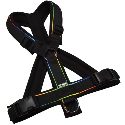 BUMER Hundegeschirr, gepolstert mit geteiltem Bruststeg, Größe M, Gurtband PREMIUM Pitch Black, Softshell Schwarz, Ringe schwarz (Edelstahl), Schnallen schwarz (DURAFLEX®), Paspel Regenbogen (komplett)