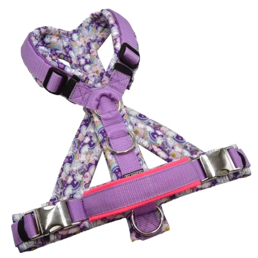 BUMER Hundegeschirr, gepolstert mit geteiltem Bruststeg, Größe M, Gurtband Violett, Softshell Einhorn Fröhlich #2, Ringe silberfarbig (Edelstahl), Schnallen Aluminium, Handgriff