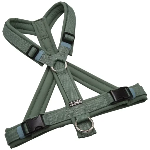 BUMER Hundegeschirr, gepolstert mit geteiltem Bruststeg, Größe S/M, Gurtband Salbei, Softshell Schilfgrün, Ringe silberfarbig (Edelstahl), Schnallen DURAFLEX®