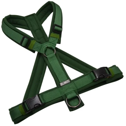 BUMER Hundegeschirr, gepolstert mit geteiltem Bruststeg, Größe S/M, Gurtband PREMIUM Evergreen Dream, Softshell Smaragdgrün, Ringe schwarz (Edelstahl), Schnallen DURAFLEX®