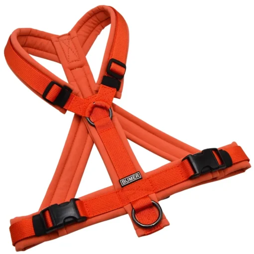 BUMER Hundegeschirr, gepolstert mit geteiltem Bruststeg, Größe S/M, Gurtband PREMIUM Scarlett Essence, Softshell Ziegelrot, Ringe schwarz (Edelstahl), Schnallen DURAFLEX®