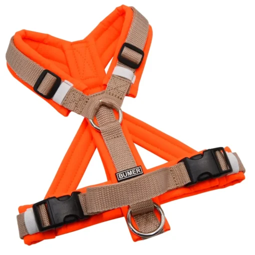 BUMER Hundegeschirr, gepolstert mit geteiltem Bruststeg, Größe XS, Gurtband Beige, Softshell Neonorange, Ringe silberfarbig (Edelstahl), Schnallen DURAFLEX®, Paspel Sonnenblume (komplett), Handgriff