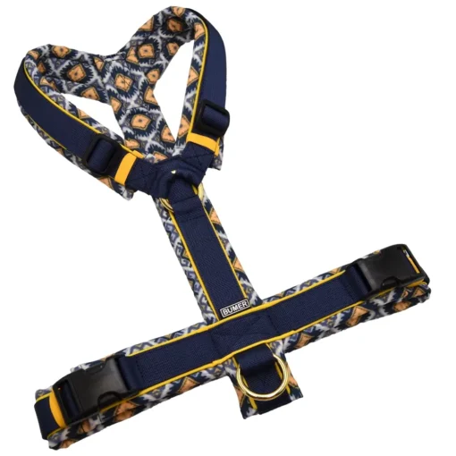 BUMER Hundegeschirr, gepolstert ohne geteilten Bruststeg, Größe L, Gurtband: PREMIUM Midnight Indigo, Softshell: BOHO #6, Ringe: goldfarbig, Schnallen: schwarz (DURAFLEX®)