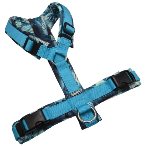 BUMER Hundegeschirr, gepolstert ohne geteilten Bruststeg, Größe M, Gurtband PREMIUM Blue Lagoon, Softshell Silent Blue, Ringe silberfarbig (Edelstahl), Schnallen DURAFLEX®