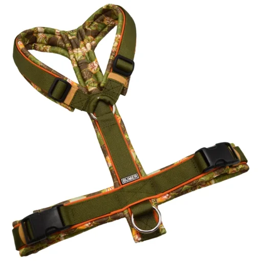 BUMER Hundegeschirr, gepolstert ohne geteilten Bruststeg, Größe M, Gurtband PREMIUM Wiesen Salbei, Softshell Waben Olive, Ringe silberfarbig (Edelstahl)