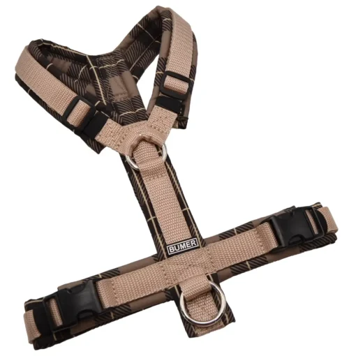 BUMER Hundegeschirr, gepolstert ohne geteilten Bruststeg, Größe S, Gurtband Beige, Softshell Mocha Matrix (TARTANMOTIVE), Ringe silberfarbig (Edelstahl), Schnallen DURAFLEX®
