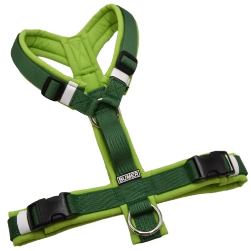 BUMER Hundegeschirr, gepolstert ohne geteilten Bruststeg, Größe S, Gurtband PREMIUM Evergreen Dream, Softshell Granny`s Green, Ringe silberfarbig (Edelstahl), Schnallen DURAFLEX®, Trackerschlaufe