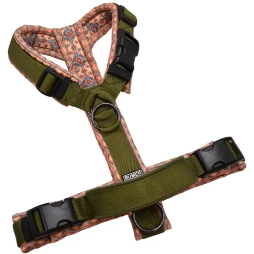 BUMER Hundegeschirr, gepolstert ohne geteilten Bruststeg, Größe S, Gurtband PREMIUM Wiesen Salbei, Softshell BOHO #1, Ringe schwarz (Edelstahl), Schnallen DURAFLEX®, Zusatzschnalle, Haltegriff