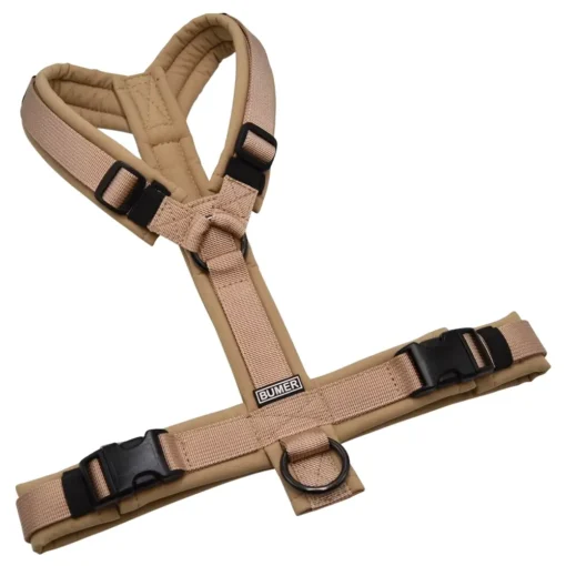 BUMER Hundegeschirr, gepolstert ohne geteilten Bruststeg, Größe S/M, Gurtband PREMIUM Soft Beige, Softshell Sandgrege, Ringe schwarz (Edelstahl), Schnallen DURAFLEX®