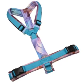 BUMER Hundegeschirr, gepolstert ohne geteilten Bruststeg, Größe XL, Gurtband PREMIUM Blue Lagoon, Softshell Federn #1, Ringe silberfarbig (Edelstahl), Schnallen schwarz (DURAFLEX®), Applikation