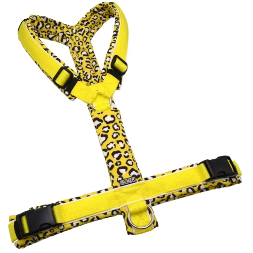 BUMER Hundegeschirr, gepolstert ohne geteilten Bruststeg, Größe XL, Gurtband PREMIUM X Zitrinzauber, Softshell Leopard Leo #3, Ringe silberfarbig (Edelstahl), Schnallen schwarz (DURAFLEX®), Applikation