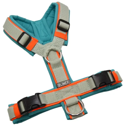 BUMER Hundegeschirr, gepolstert ohne geteilten Bruststeg, Größe XS, Gurtband Helles Salbei, Softshell Türkis Twirl, Ringe silberfarbig (Edelstahl), Schnallen DURAFLEX®