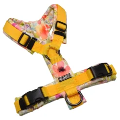BUMER Hundegeschirr, gepolstert ohne geteilten Bruststeg, Größe XS, Gurtband Mais, Softshell Florales Flüstern, Ringe schwarz (Edelstahl), Schnallen DURAFLEX®, Applikation