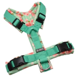 BUMER Hundegeschirr, gepolstert ohne geteilten Bruststeg, Größe XS, Gurtband Mint, Softshell Minty Blossom, Ringe silberfarbig (Edelstahl), Schnallen DURAFLEX®