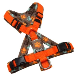 BUMER Hundegeschirr, gepolstert ohne geteilten Bruststeg, Größe XS, Gurtband Orange, Softshell Pfotentrio, Ringe silberfarbig (Edelstahl), Schnallen DURAFLEX®, Applikation