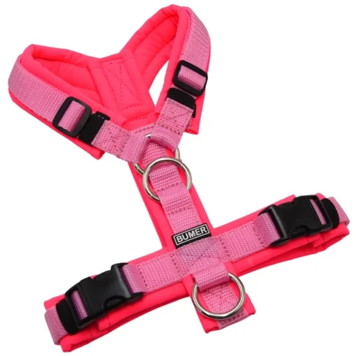 BUMER Hundegeschirr, gepolstert ohne geteilten Bruststeg, Größe XS, Gurtband: Pink, Softshell: Neonpink, Ringe: silberfarbig (Edelstahl), Schnallen: DURAFLEX®, Zusatzring Rückensteg