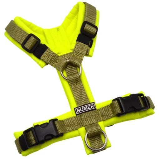 BUMER Hundegeschirr, gepolstert ohne geteilten Bruststeg, Größe XXS, Gurtband Moos, Softshell Neongelb, Ringe silberfarbig (Edelstahl), Schnallen schwarz (DURAFLEX®)