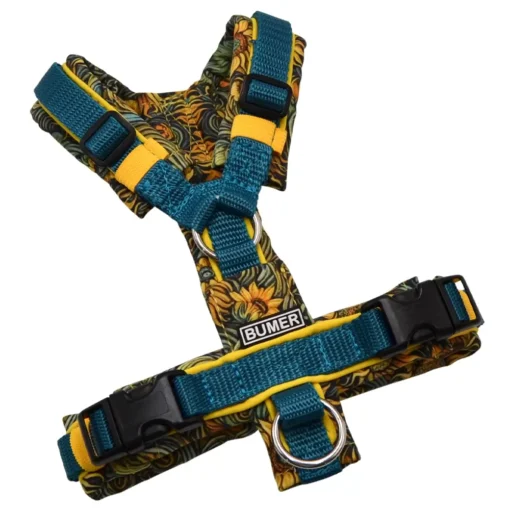 BUMER Hundegeschirr, gepolstert ohne geteilten Bruststeg, Größe XXS, Gurtband STANDARD PLUS Petrolgrün, Softshell Blütenmalerei, Ringe silberfarbig (Edelstahl), Schnallen schwarz (DURAFLEX®), Applikation