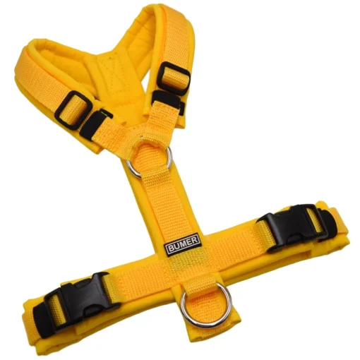 BUMER Hundegeschirr, gepolstert ohne geteilten Bruststeg, Zwischengröße XS/S, Gurtband Mais, Softshell Sonnenblume, Ringe silberfarbig (Edelstahl)
