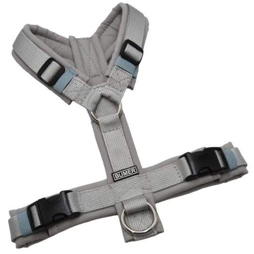 BUMER Hundegeschirr, gepolstert ohne geteilten Bruststeg, Zwischengröße XS/S, Gurtband PREMIUM Muschelgrau, Softshell Hellgrau, Ringe silberfarbig (Edelstahl)