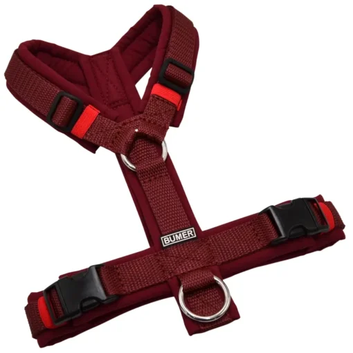 BUMER Hundegeschirr, gepolstert ohne geteilten Bruststeg, Zwischengröße XS/S, Gurtband PREMIUM X Bordeaux, Softshell Bordeaux, Ringe silberfarbig (Edelstahl)