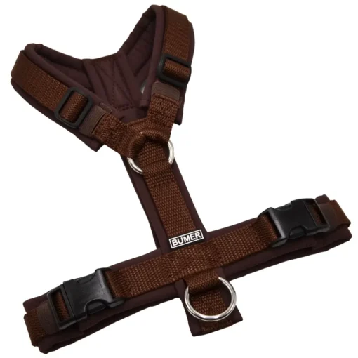 BUMER Hundegeschirr, gepolstert ohne geteilten Bruststeg, Zwischengröße XS/S, Gurtband PREMIUM X Chocolate Charm, Softshell Espresso, Ringe silberfarbig (Edelstahl)