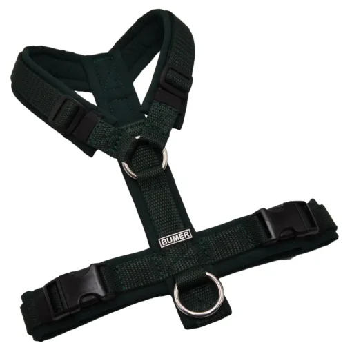 BUMER Hundegeschirr, gepolstert ohne geteilten Bruststeg, Zwischengröße XS/S, Gurtband PREMIUM X Dunkelgrün, Softshell Waldnachtgrün, Ringe silberfarbig (Edelstahl)