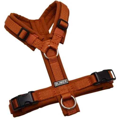 BUMER Hundegeschirr, gepolstert ohne geteilten Bruststeg, Zwischengröße XXS/XS, Gurtband Hellbraun, Softshell Karamell, Ringe silberfarbig (Edelstahl), Schnallen schwarz (DURAFLEX®)