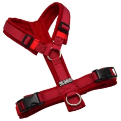 BUMER Hundegeschirr, gepolstert ohne geteilten Bruststeg, Zwischengröße XXS/XS, Gurtband PREMIUM Berry Bordeaux, Softshell Rot, Ringe silberfarbig (Edelstahl), Schnallen schwarz (DURAFLEX®)
