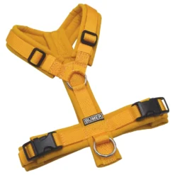 BUMER Hundegeschirr, gepolstert ohne geteilten Bruststeg, Zwischengröße XXS/XS, Gurtband PREMIUM Sunburst Yellow, Softshell Ingwernektar, Ringe silberfarbig (Edelstahl), Schnallen schwarz (DURAFLEX®)