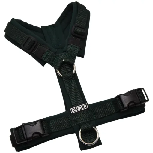 BUMER Hundegeschirr, gepolstert ohne geteilten Bruststeg, Zwischengröße XXS/XS, Gurtband PREMIUM X Dunkelgrün, Softshell Waldnachtgrün, Ringe silberfarbig (Edelstahl), Schnallen schwarz (DURAFLEX®)