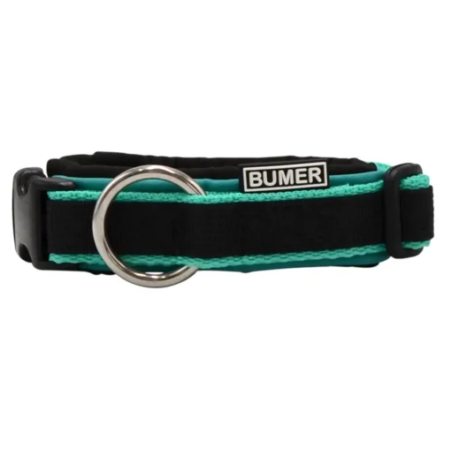 BUMER STACK-IT Steckhalsband, Hundehalsband für Hunde, gepolstert, Halsumfang 25-32 cm, Gurtband Minze/Schwarz, Softshell Schwarz, Ring silberfarbig (Edelstahl)