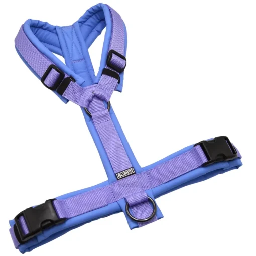 BUMER1000 Hundegeschirr, gepolstert ohne geteilten Bruststeg, Zwischengröße M/L, Gurtband Lila, Softshell BL-0102 (Blautöne), Ringe schwarz (Edelstahl), Schnallen DURAFLEX®