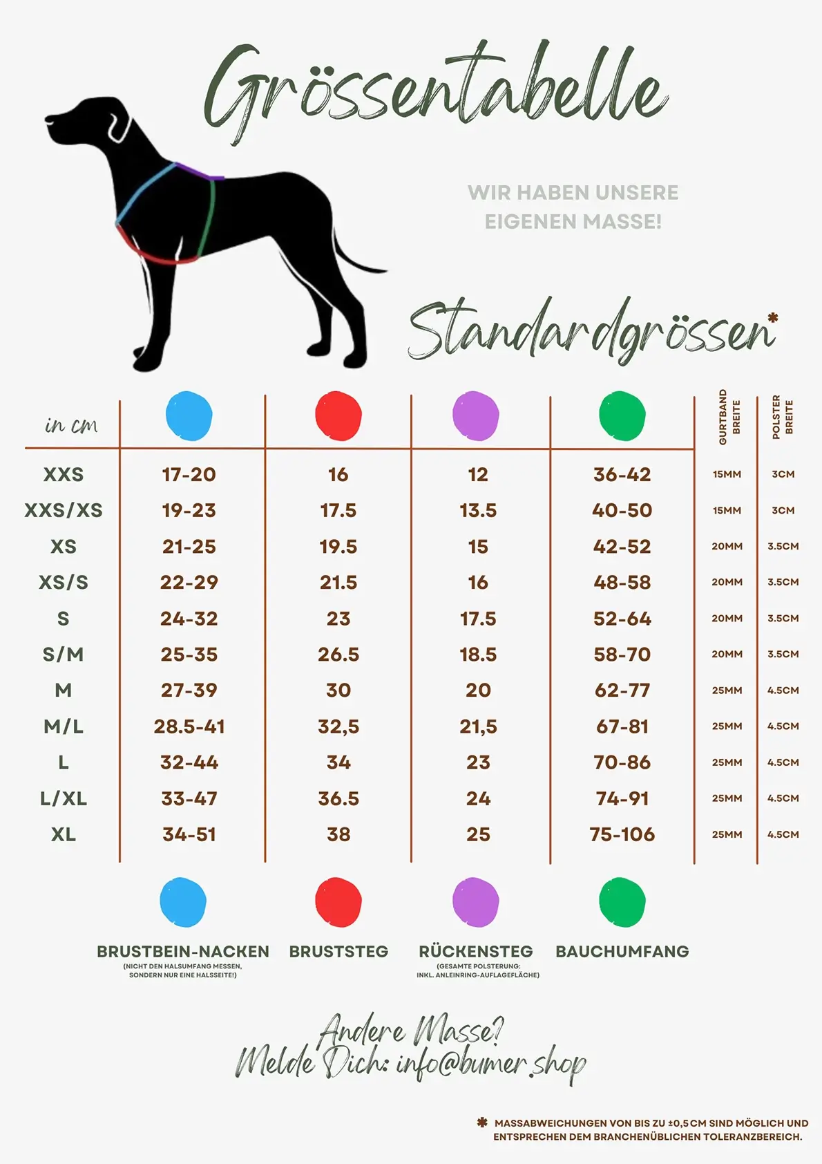 Abmessungen BUMER Hundegeschirre