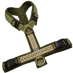 BUMER BOHO Hundegeschirr, gepolstert ohne geteilten Bruststeg, Größe M, Gurtband Moos, Softshell Olive, Ringe silberfarbig (Edelstahl), Schnallen schwarz (DURAFLEX®)