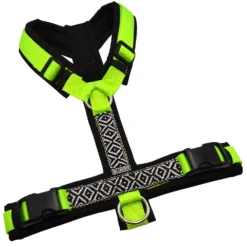 BUMER BOHO Hundegeschirr, gepolstert ohne geteilten Bruststeg, Größe M, Gurtband Neongrün, Softshell Schwarz, Ringe silberfarbig (Edelstahl), Schnallen schwarz (DURAFLEX®)