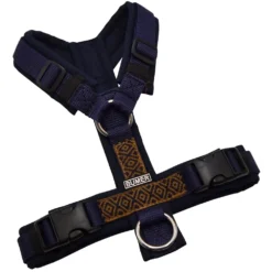 BUMER BOHO Hundegeschirr, gepolstert ohne geteilten Bruststeg, Größe XS, Gurtband Dunkelnavy, Softshell Navy, Ringe silberfarbig (Edelstahl), Schnallen DURAFLEX®