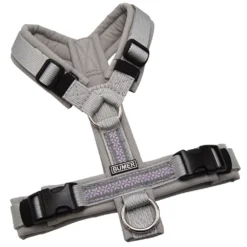 BUMER BOHO Hundegeschirr, gepolstert ohne geteilten Bruststeg, Größe XS, Gurtband PREMIUM Muschelgrau, Softshell Hellgrau, Ringe silberfarbig (Edelstahl), Schnallen DURAFLEX®