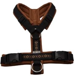 BUMER BOHO Hundegeschirr, gepolstert ohne geteilten Bruststeg, Größe XS, Gurtband PREMIUM Pitch Black, Softshell Kupferkastanie, Ringe silberfarbig (Edelstahl), Schnallen DURAFLEX®