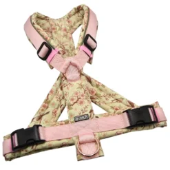 BUMER Hundegeschirr, gepolstert mit geteiltem Bruststeg, Größe M, Gurtband PREMIUM Blush Petal, Softshell JAPANESE SPRING, Ringe rosegoldfarbig, Schnallen schwarz (DURAFLEX®), Applikation (Kopie)