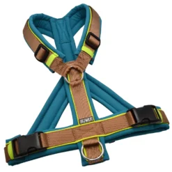 BUMER Hundegeschirr, gepolstert mit geteiltem Bruststeg, Größe M, Gurtband PREMIUM Caramel Rust, Softshell Curacao Splash, Ringe silberfarbig (Edelstahl), Schnallen schwarz (DURAFLEX®), Paspel Lime (komplett)