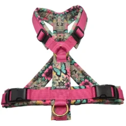 BUMER Hundegeschirr, gepolstert mit geteiltem Bruststeg, Größe M, Gurtband PREMIUM Himbeer Sorbet, Softshell BUTTERFLY ALLEY, Ringe goldfarbig, Schnallen schwarz (DURAFLEX®), Applikation