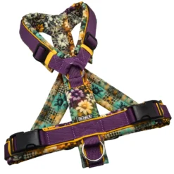 BUMER Hundegeschirr, gepolstert mit geteiltem Bruststeg, Größe M, Gurtband PREMIUM Lavender Luxe, Softshell GRAFFITI BLOOM, Ringe silberfarbig (Edelstahl), Schnallen schwarz (DURAFLEX®), Applikation
