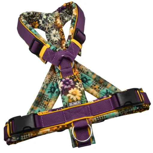 BUMER Hundegeschirr, gepolstert mit geteiltem Bruststeg, Größe M, Gurtband PREMIUM Lavender Luxe, Softshell GRAFFITI BLOOM, Ringe silberfarbig (Edelstahl), Schnallen schwarz (DURAFLEX®), Applikation