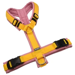 BUMER Hundegeschirr, gepolstert ohne geteilten Bruststeg, Größe M, Gurtband Mais, Softshell Rosenquarz, Ringe silberfarbig (Edelstahl), Schnallen schwarz (DURAFLEX®)