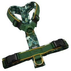 BUMER Hundegeschirr, gepolstert ohne geteilten Bruststeg, Größe M, Gurtband PREMIUM Evergreen Dream, Softshell WABEN Grün, Ringe goldfarbig, Schnallen DURAFLEX®, Applikation, Paspel Honignektar (komplett)